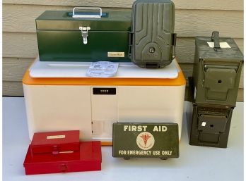 Assorted Storage Boxes Including Ammo Boxes & One With Combination