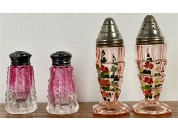 2 Antique Pink Glass Shaker Sets