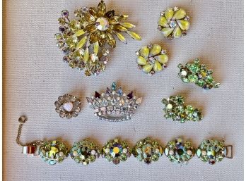 Gorgeous Colorful Rhinestone Bracelet, Brooch, Pins, & Clip On Earrings