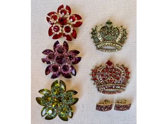 Vintage Colorful Flower & Crown Brooches With A Coordinating Pair Of Clip On Earrings