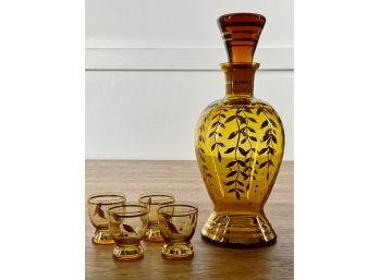 Gorgeous Amber With Gold Leaf Decanter & Apertif Glasses