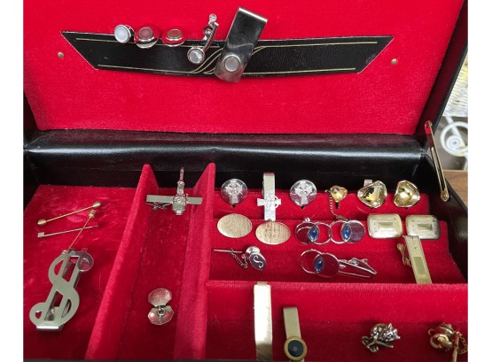 Assorted Cufflinks, Tie Clips, Money Clips, & More In Vintage Mens' Jewelry CaseC.