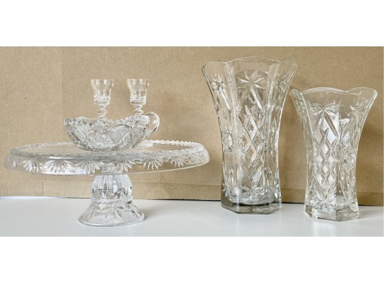 Assorted Cut Glass Including Cake Stand, Candlesticks, And Vases