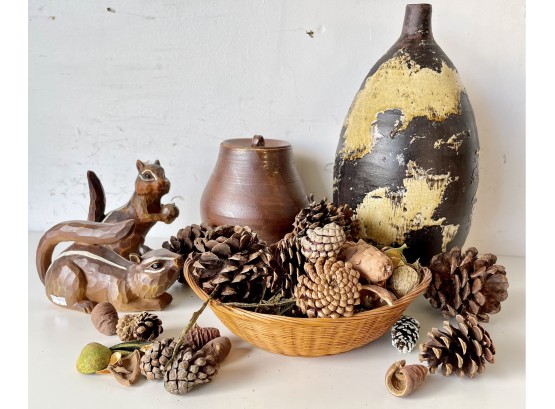 Pottery, Carved Squirrels, And Winter Decor