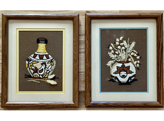 Pair Of Adorable Southwestern Vintage Crewel Embroidery, Framed