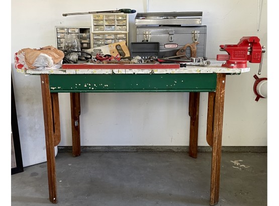 Vintage Work Table With Vice, Craftsman Tool Box, Socket Set, Drill & Bits, Level, Fasterners, & More