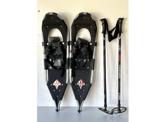 Pair Of Red Feather Snow Shoes And Poles