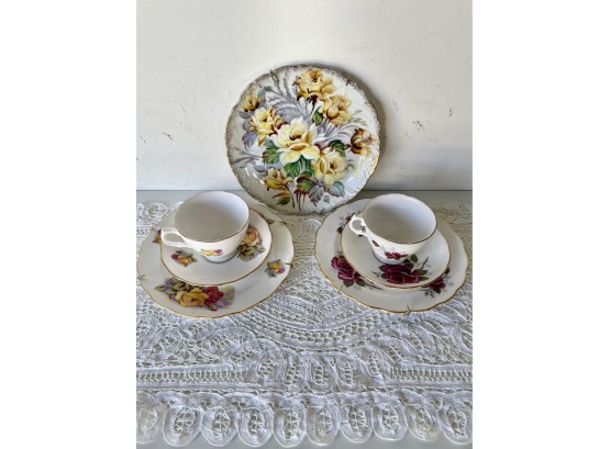 Lace Runner With Royal Kent Teacups,  Saucers, & Plates