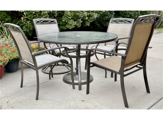 Patio Table, Umbrella, And Chairs, One Is Swivel