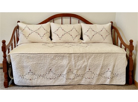 Wood Twin Daybed With Trundle And Optional Mattresses, Quilted Pillows & Bedspread