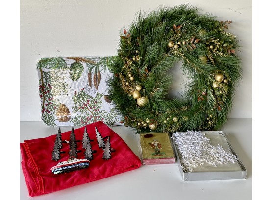 Christmas Wreath, Melamine Plate, Napkin Holders, Tablecloth, & Ornaments