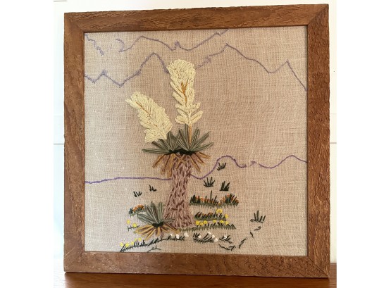 Barnwood Framed Crewel Embroidery Cactus Scene