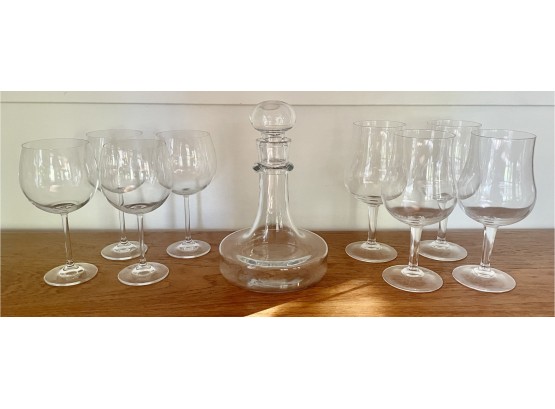 8 Large Wine Glasses And Mid Century Wine Decanter