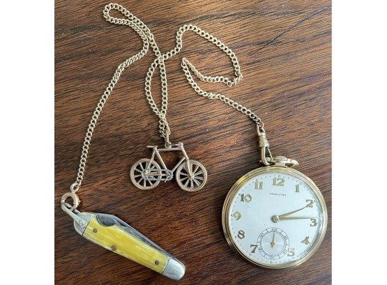 Gorgeous Vintage Hamilton Pocket Watch Marked 14k Gold, 14k Gold Chain, Unmarked Bicycle Fob, & Pocket Knife