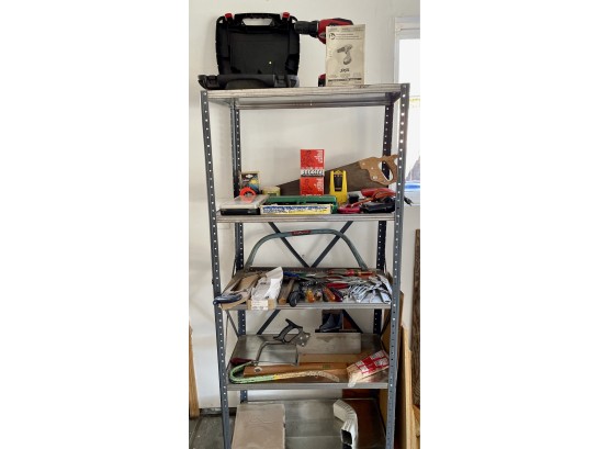 Utility Shelf With Tools Including Skil Driver, Multimeter, Electric Tools, Socket Set, & More