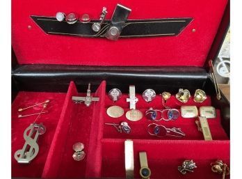 Assorted Cufflinks, Tie Clips, Money Clips, & More In Vintage Mens' Jewelry CaseC.