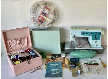 Vintage Aqua Singer Stylemate Sewing Machine With Case, Accessories, & More