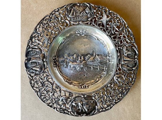 Antique Dutch Silver Repousse Plate Of Rural Scene