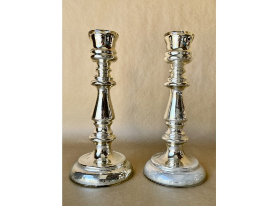 Pair Of Tall Antique Mercury Glass Candlesticks
