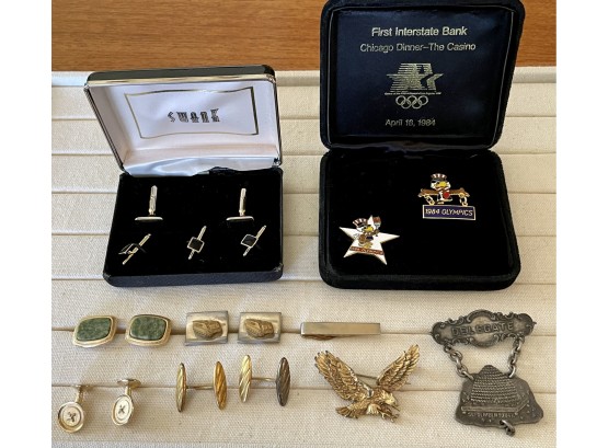 Men's Accessories Including 14k Gold Cufflinks, Swank In Box, & Olympic & Other Vintage Pins