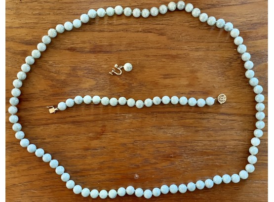 Beaded Jade Necklace, Bracelet, & 1 Earring With 14k Gold Findings