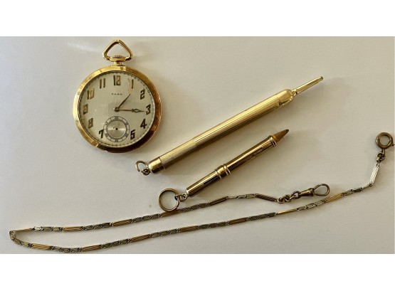 Antique Raymond Yard 18k Gold Pocket Watch With 14k Gold Pen, Pencil, & Chain