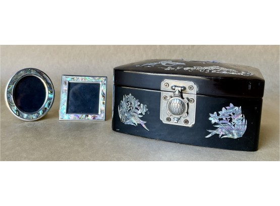 Beautiful Vintage Lacquer Jewelry Box With Mother Of Pearl Inlay & 2 Newer Abalone Picture Frames