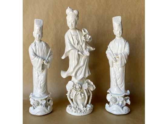 Chinese Blanc De Chine Figures, Guanine & 2 Flutists, Likely Late Republic Period