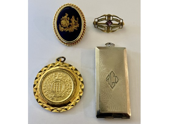 Assorted Vintage Pendants & Pins Including Limoges Pin, Art Deco Pin, Double Locket, & More