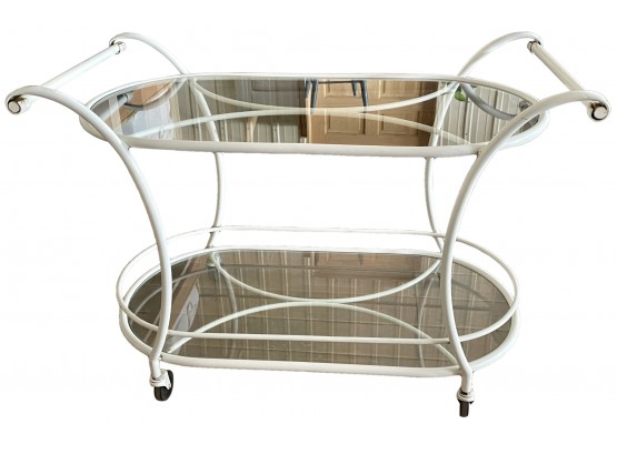 Vintage 2 Tiered Metal And Glass Bar Cart On Wheels