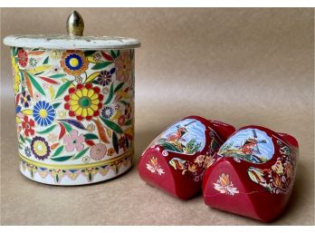 Colorful Dutch Tea Tin And Painted Wood Clogs