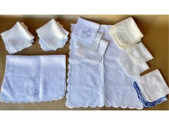 Assorted Vintage Embroidered Linens Including Napkins, Handkercheifs, & Table Runners