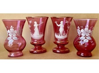 4 Painted Cranberry Glass Vases