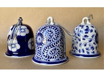 3 Blue And White Ceramic Bells