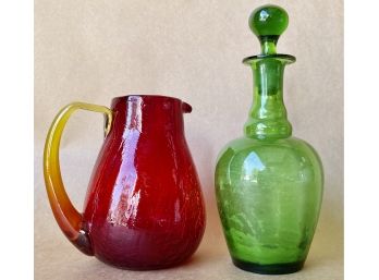 Vintage Mid Century Crackle Pitcher With Green Decanter