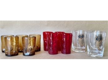 Vintage Barware Including Dimpled Amber Crackle Glass & Culver Owl Highballs