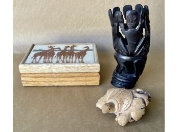 Carved African Art With Giraffe Box And Carved Turtle