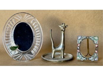 Waterford & Antique Glass Mosaic Picture Frames With Vintage Silverplate Giraffe Ring Holder
