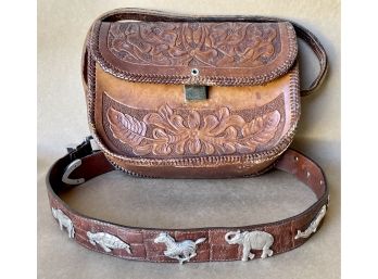 Vintage Tooled Leather Purse & Belt With Silver Finished Animals