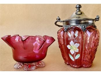 Cranberry Glass Biscuit Jar & Ruffled Bowl