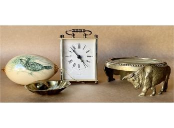 Brass Finish Clock, Magnifying Glass, Small Dish Marked Sterling, And Egg Ornament