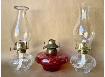 3 Antique Oil Lamps, One Without Hurricane
