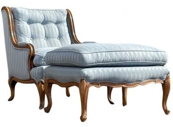 French Louis XV Style Walnut Upholstered Bergere Chair & Ottoman
