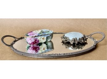 Antique Mirrored Vanity Tray With Handpainted French Trinket Box And Vintage Graeco Pin Cushion