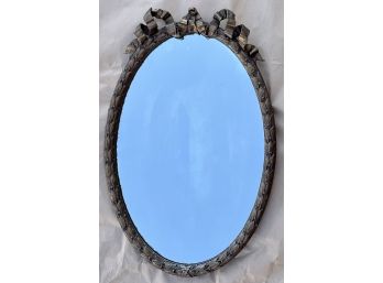 Antique Oval Mirror With Leaf And Ribbon Motif, As Is