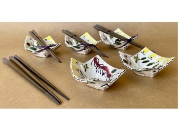 5 Handmade Asian Bowls With Chopsticks