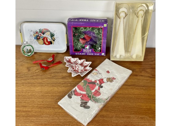 Vintage Christmas Including Tray, Candles, Tree Topper, Paper Tablecloth, & More