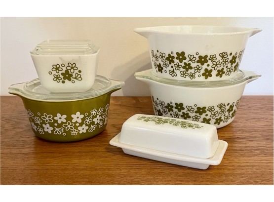 Vintage Pyrex 'Spring Blossom' Casseroles, Refrigerator Dish, And Butter Dish