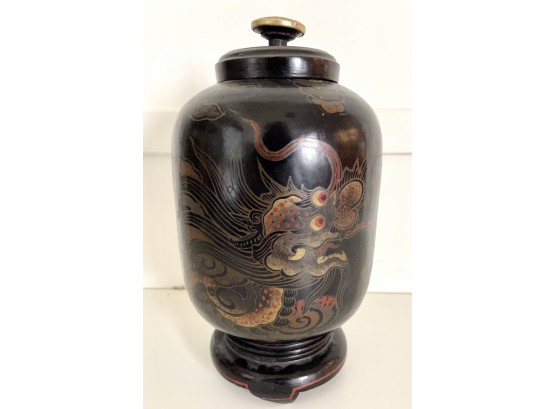Large Vintage Painted Ginger Jar With Dragon Motif