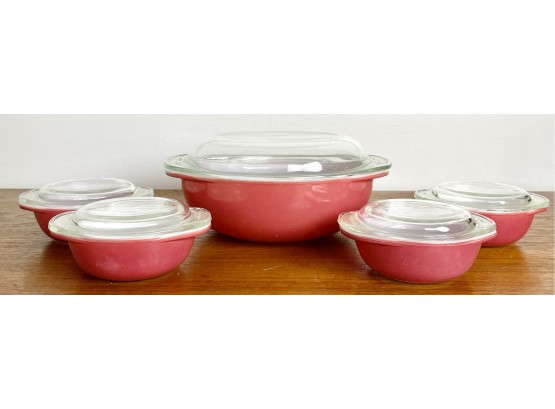Vintage Pyrex Pink Casserole With 4 Small Matching, All With Lids